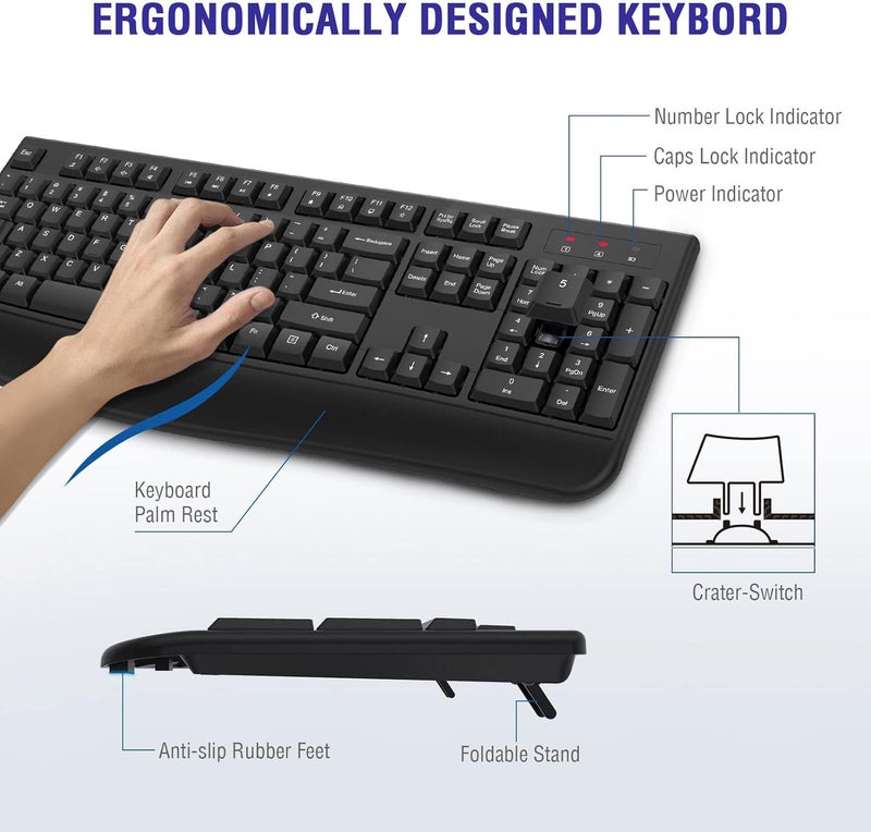 QUASIO Wireless Keyboard, 2.4G Full-Sized Ergonomic Wireless Computer Keyboard with Wrist Rest for Windows, Mac OS Laptop/PC/Desktop/Notebook(Black) - Image 3